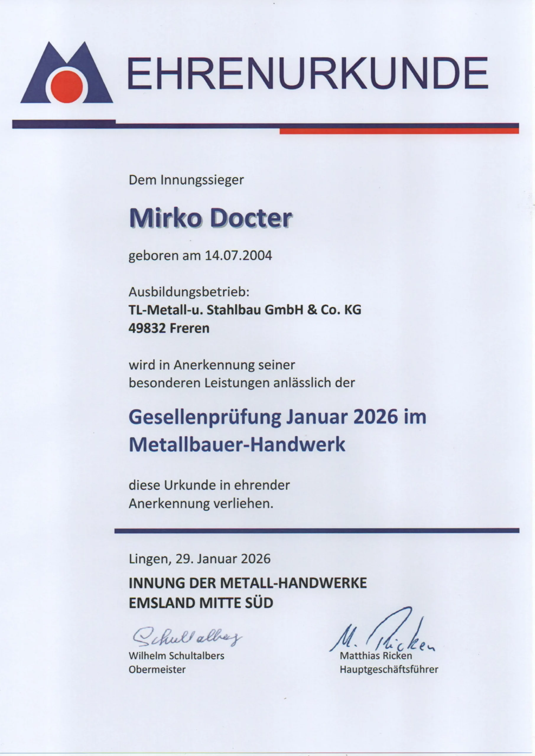 Ehrenurkunde Innungsieger 2026