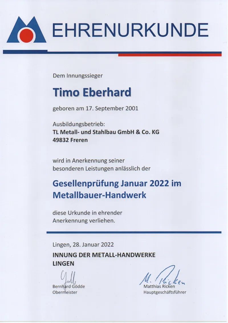 Ehrenurkunde Innungssieger 2022